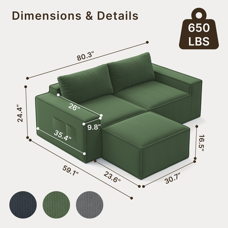 Canapé d'angle en velours côtelé de 203 cm de large avec assises profondes, pour salon, Vert, blanc