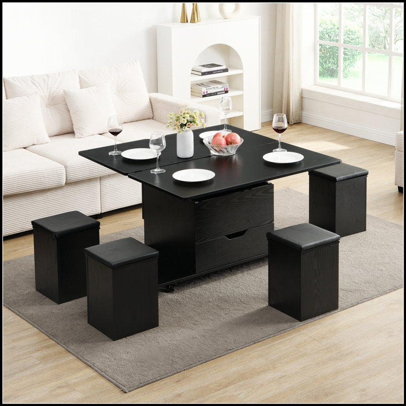 Table basse multifonctionnelle à plateau relevable avec rangement caché et tabourets, pour les espaces de vie modernes, Noir