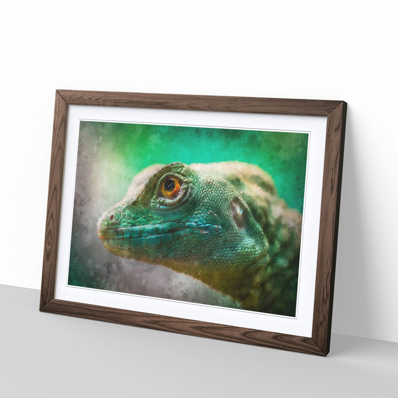 Green Lizard - Picture Frame Graphic Art Print, 62cm H x 87cm W x 2cm D, Walnut Framed