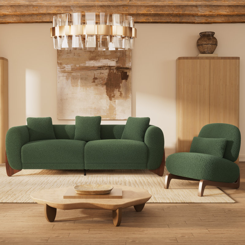 Modern Sherpa Sofa with Wood Wedge Legs, Green