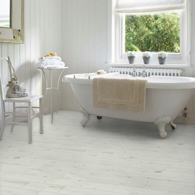 White Modern Wood Effect Vinyl Flooring For Living Room, Dining Room, Hallways, 2.0mm Thick Cushion Backed Vinyl Sheet 300cm X 100cm