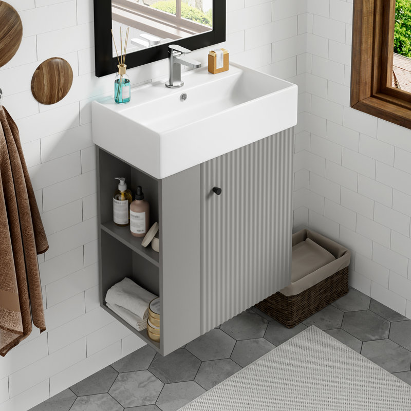 Meuble-lavabo flottant moderne avec lavabo en céramique, rangement à gauche, panneau de fibres à densité moyenne gris, 21,6 po