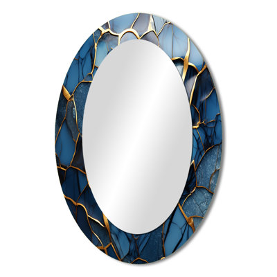 Gold And Blue Marble Mosaic Agate III - Gold Oval Wall Mirror Decor