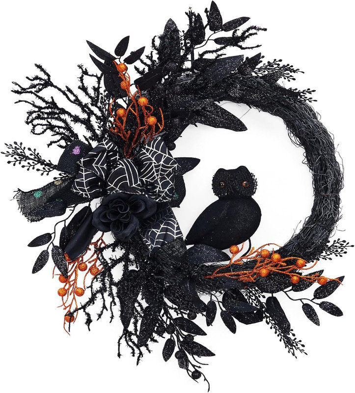 The Holiday Aisle® 20 Inch Halloween Owl Wreath, Halloween Garland with Natural Vines and Black Artificial Roses | Wayfair