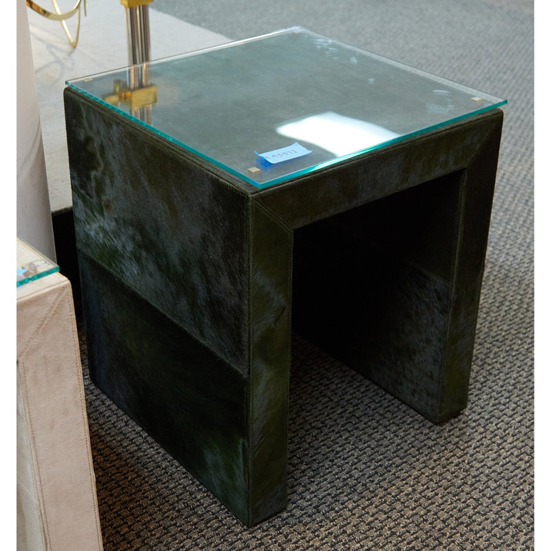 Green Hair-On-Hide Leather and Glass Square End Table