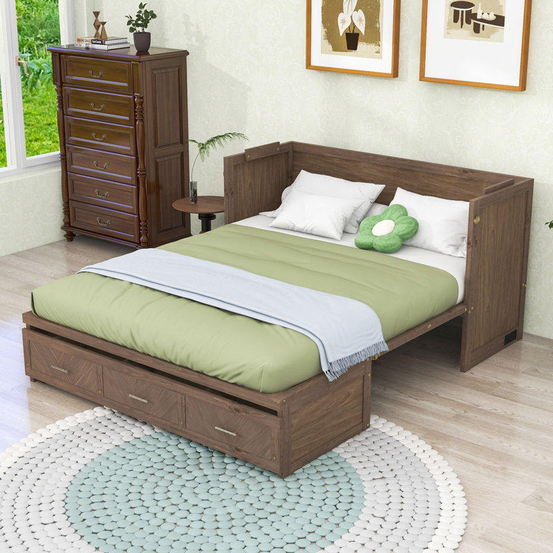 Grand lit escamotable avec puissance et tiroirs intégrés, Light Walnut