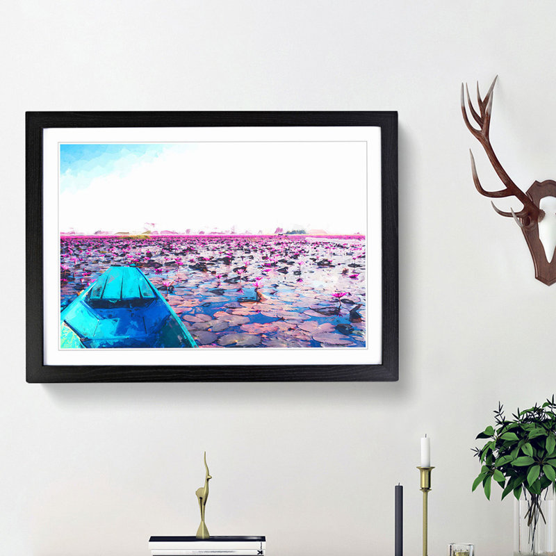 Boat in the Red Lotus Sea in Thailand in Abstract - Picture Frame Photograph Print, Black Framed, 27cm H x 36cm W x 2cm D