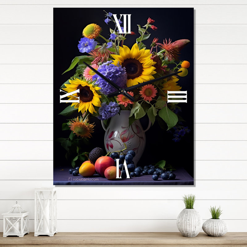 Nature morte aux tournesols dans un vase - Horloge murale moderne à fleurs, Grand