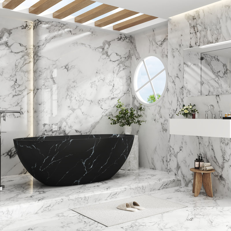 Baignoire de trempage autoportante à surface solide de 65 po avec motif Casainc, Noir mat