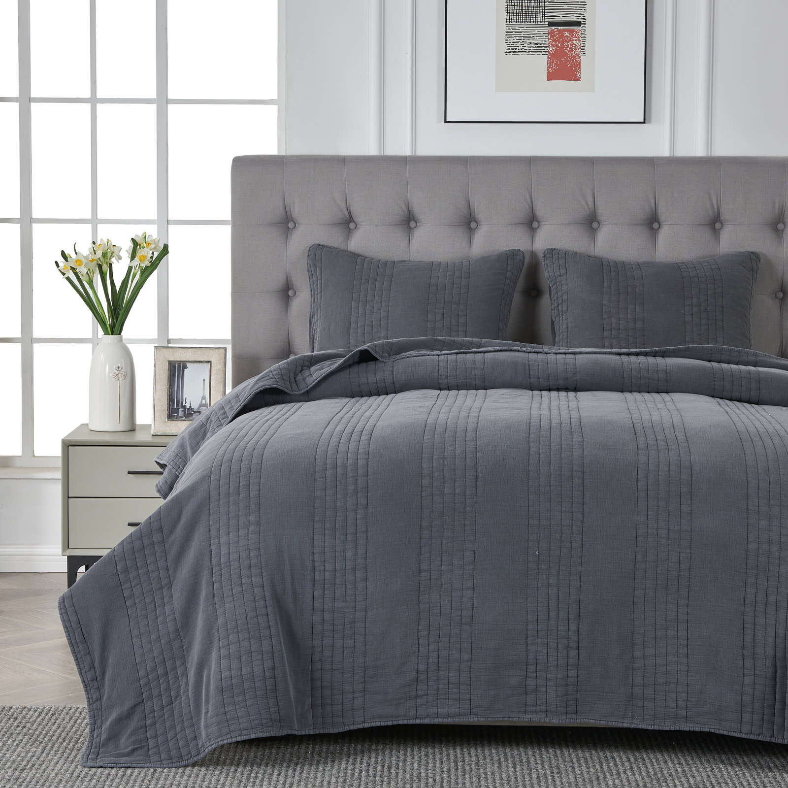 Cotton Quilt Set, King Quilt + 2 King Shams, Charcoal