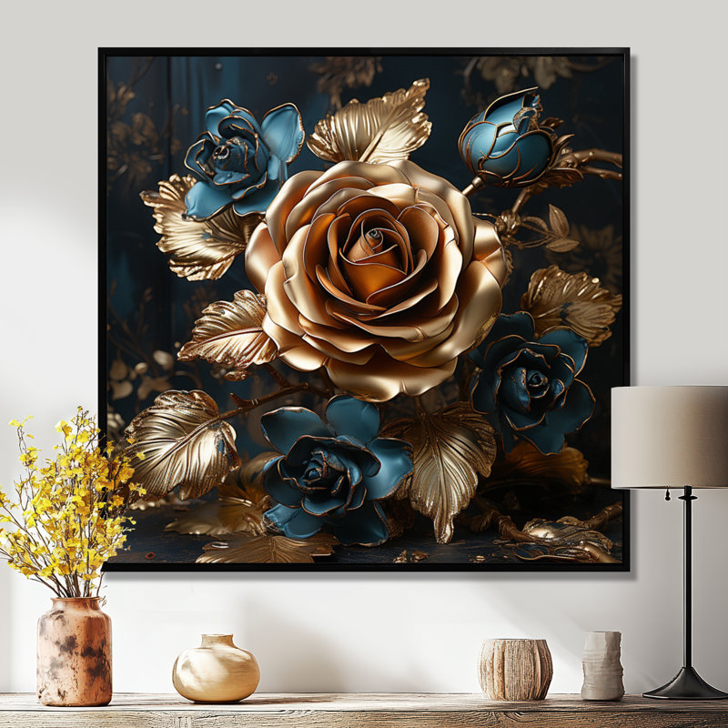 «Golden Rose», impression d'art mural «Roses», Toile avec cadre flottant noir, H 16 po x l 16 po x P 1 po