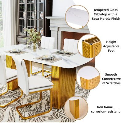Modern Rectangular Tempered Glass Dining Table, Marble-Patterned Design with Gold Dual-Pedestal Metal Base, Ideal for Dining Room & Home Office