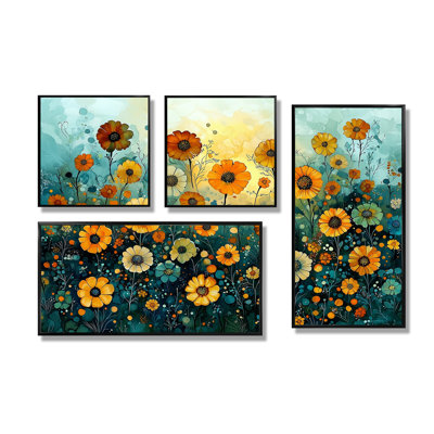 Coucher de soleil au coucher du soleil, champ de couches émeraude III - art mural floral 4 pièces