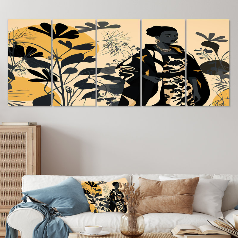 Gracieux Afro Fashionista Botanical Retro - Art africain, art mural sur toile, 5 pièces, H 32 po x l 80 po