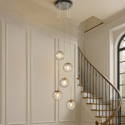12'' 5-Light Modern Clear Ripple Glass Staircase Chandelier Globe Bubble Textured Glass Pendant In Matte Black For Foyer Entryway