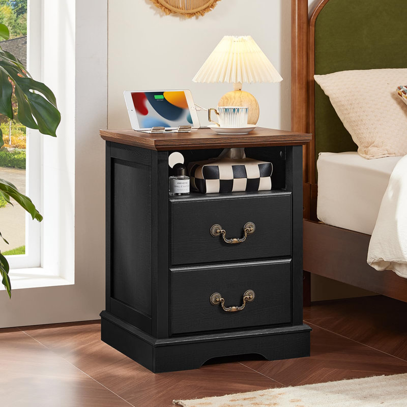 Farmhouse Nightstand with Charging Station, 2 Drawers Night Stand with Storage Shelf, Rustic Black 18" Wide Wood Bedside Table, Bed Side End Tables for Bedroom, Living Room