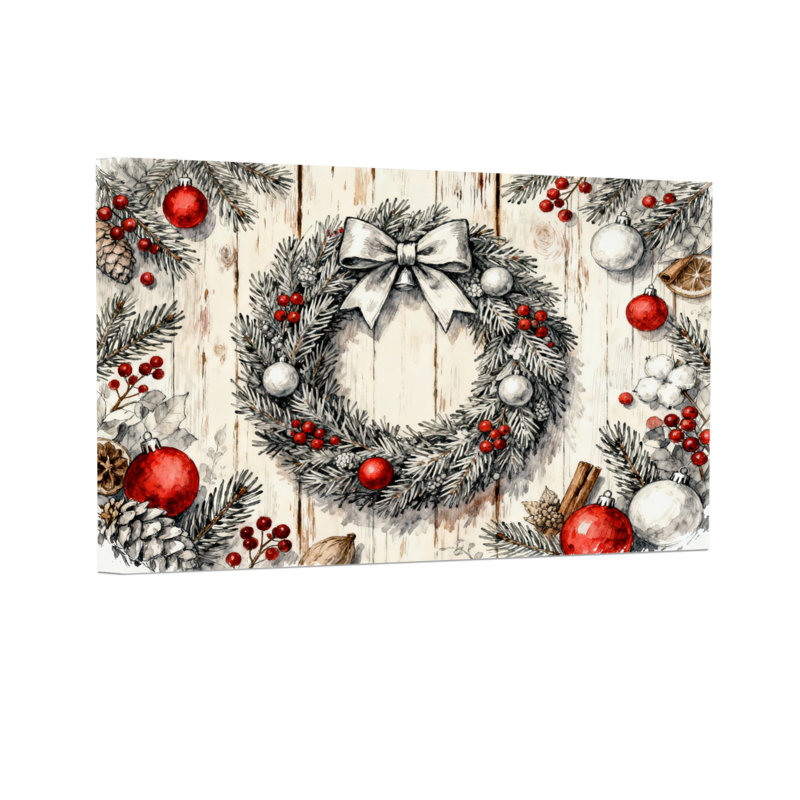 Couronne de Noël avec ornements et pommes de pin, H 24 po x l 36 po