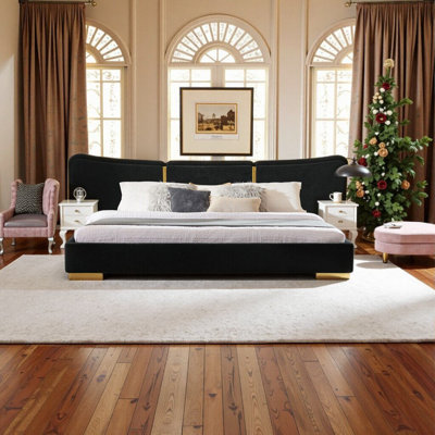 Queen/King Size Platform Bed With Chenille Fabric Frame And Curved Headboard, Sturdy Metal Legs