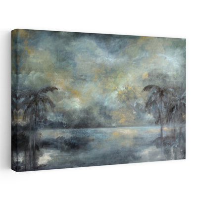 «Moody Tropical Reflections Dramatic Dreamy Peaceful Palm Tree Coastal Landscape», art mural
