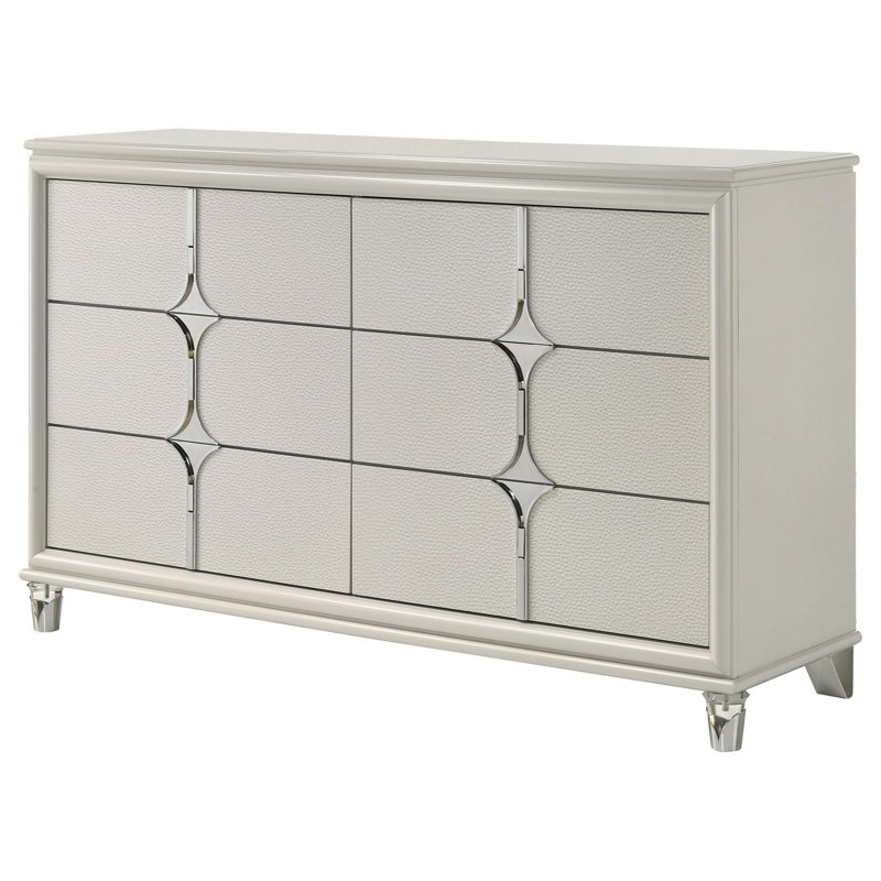 Commode large Ory avec 6 tiroirs, poignée en étoile chromée, bois ivoire perlé