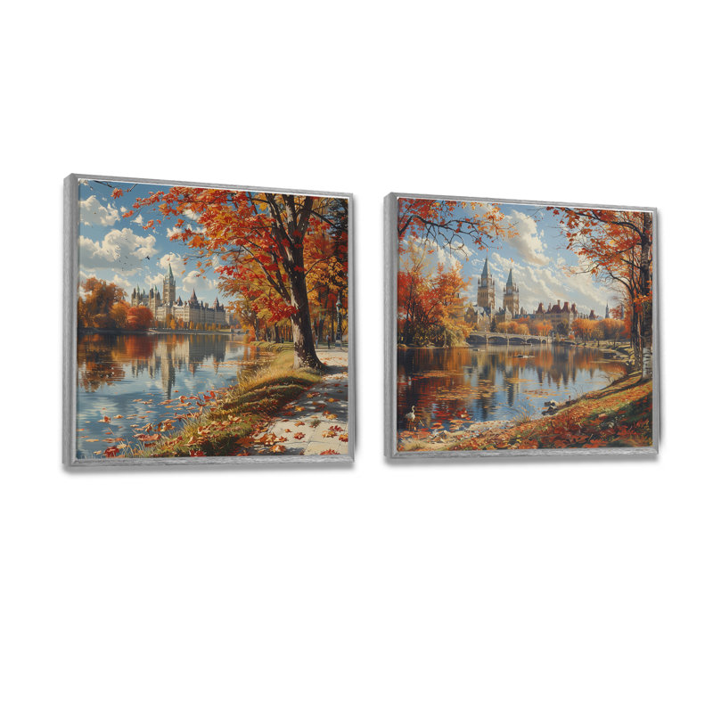 «Autumn Grand River In Ottawa I», art mural ville Ottawa, ensemble de 2 décorations murales traditionnelles, Argent argent