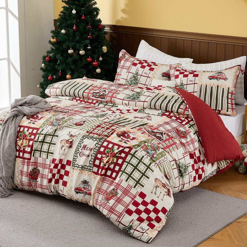 104"x90" Traditional Christmas Plaid King Duvet Cover Set, Red & Green Holiday Bedding with Lightweight 90GSM Polyester Fabric, Soft Wash Feel, 3 Piece Set