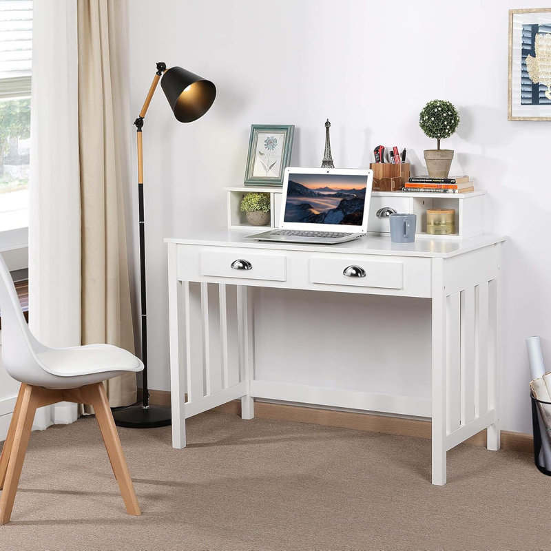 Large Computer Desk, White Home Office Workstation With 4 Storage Drawers, Modern PC Work Table 23 Deep With Monitor Stand For Screen, Wood Stable Executive Table With Large Desktop
