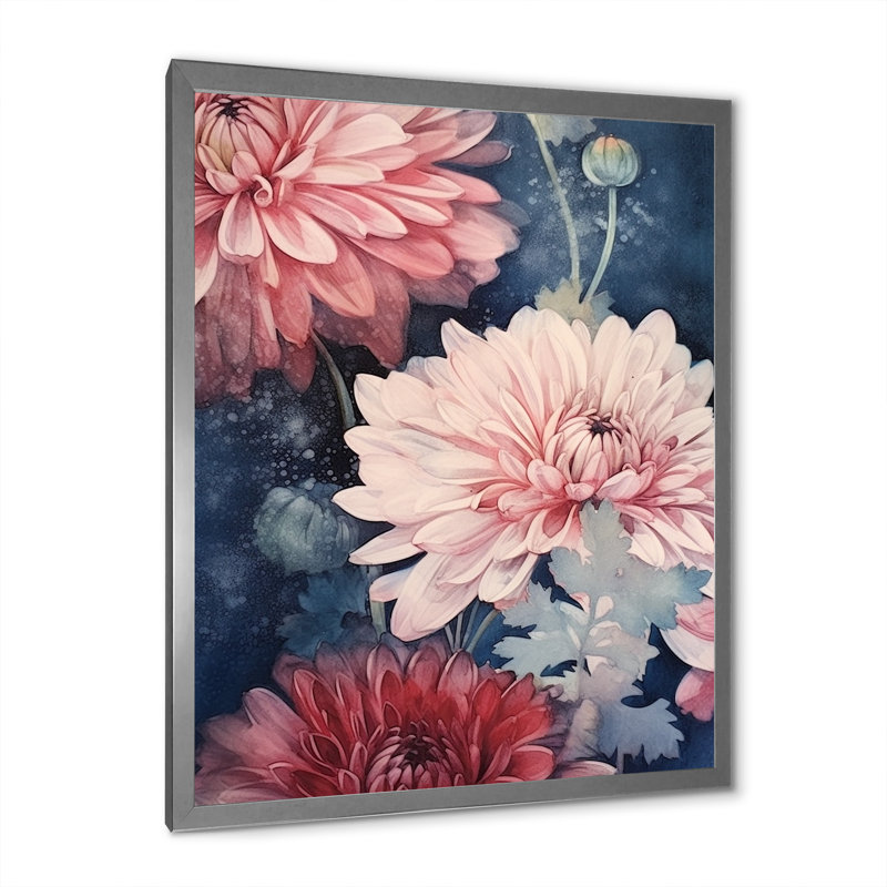 «Pink White Natures Chrysanthemums Melody I» sur toile, H 20 po x l 12 po x P 1 po, Cadre simple argenté