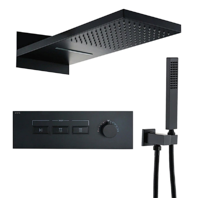 Fontana Florence Matte Black 3 Functions Wall Mount Rainfall Waterfall Shower System with Handheld Shower