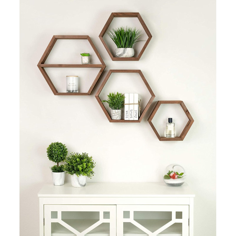 Hexagon Floating Shelves Set Of 4 - Large Honeycomb Wall Shelves For Home Decor - Sturdy Wooden Hexagonal Shelves With Easy Installation Hardware