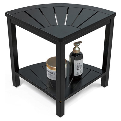Eco-Friendly Water-Resistant Bamboo Corner Shower Bench With 2-Tier Storage Shelf 90-Degree Triangular Shape For Stable Seat Or Footrest Shaving - Black