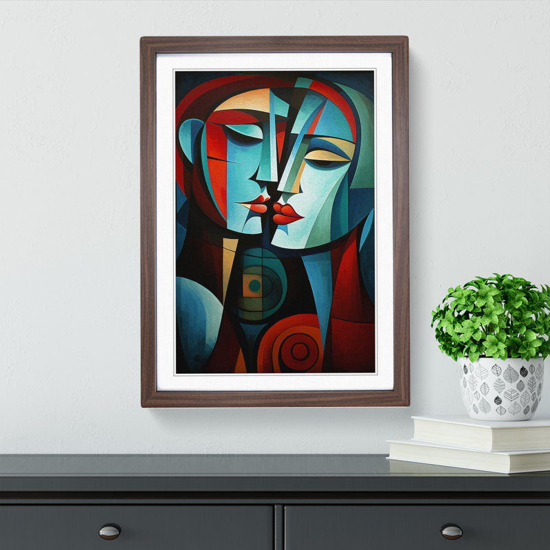 Lovers Cubism No.2 - Single Picture Frame Print on Wood, 64cm H x 46cm W x 2cm D, Walnut