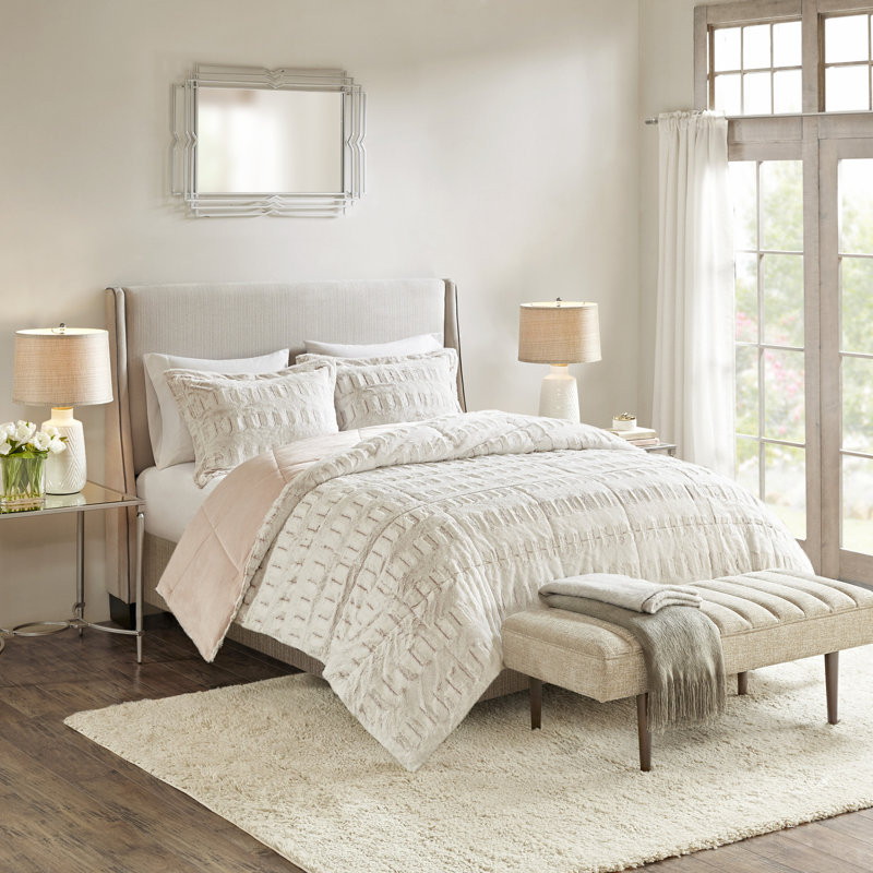 Ivory Microfiber Reversible Comforter Set, Twin Comforter + 1 Shams