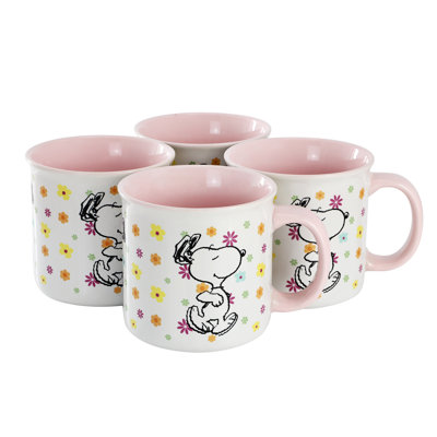 Gibson Peanuts 4 Piece 21 Ounce Stoneware Camper Mug Set In Floral Pink