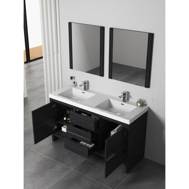 Meuble-lavabo double autoportant 60 po avec lavabo et miroir Artemis, Gris argenté