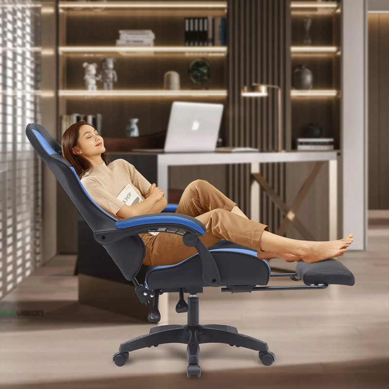 Inbox Zero Knoble Adjustable Reclining Ergonomic Faux Leather Swiveling PC & Racing Game Chair with Footrest, Black/Blue