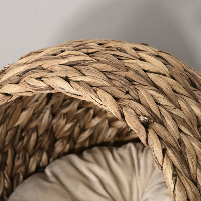 Handwoven Raised Cat Bed With Comfy And Cuddly Cushion, For Indoor Cats, 23.5" H, Brown Soft Cushioned Elevated Basket, ,