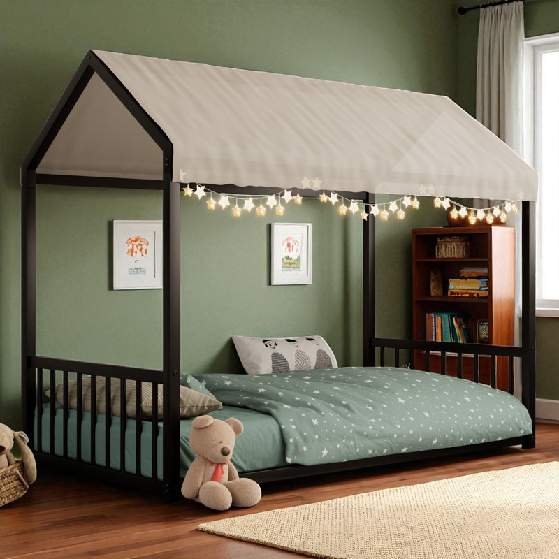 Metal Canopy Bed Floor House Bed, Twin, Black