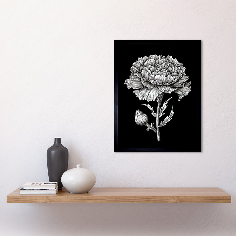 Aamil Carnation Flower Black And White Linocut Print - Single Picture Frame Print