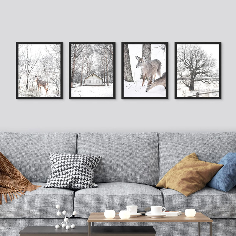 «Winter Country Farm Deer», ensemble de 4 impressions murales encadrées sur papier, 4 pièces, H 14 po x l 11 po x P 1 po