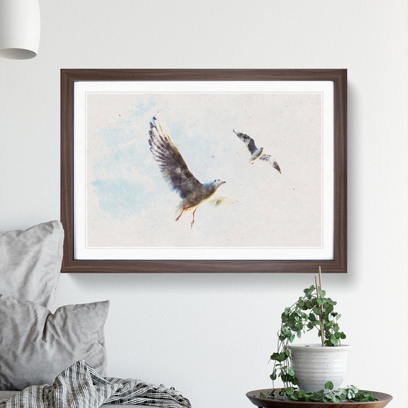 Pair of Flying Seagulls - Framed Print, 33cm H x 45cm W x 2cm D, Walnut Framed