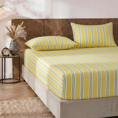Ensemble de draps 100% coton, literie à rayures jaunes et vertes, tissage percale doux et respirant, minimaliste moderne, aspect lin luxueux, drap-housse à poche profonde de 17,5 po