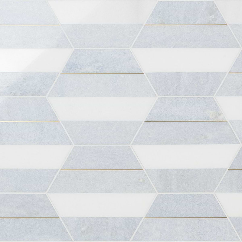 Margo 9" Hexagon Polished Nero Marquina Marble And Brass Mosaic Tile, Blue/Gold