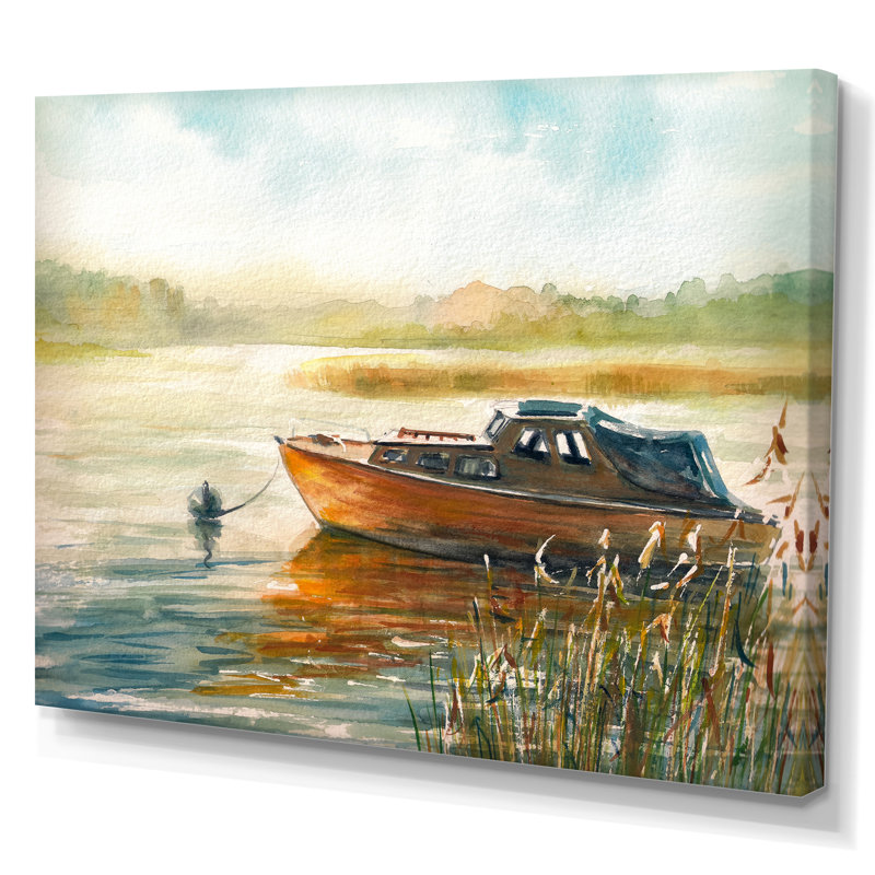 Lonely Boat on the River Shore at Dawn - reproduction d'art sur toile, H 16 po x l 32 po x P 1 po, Toile tendue