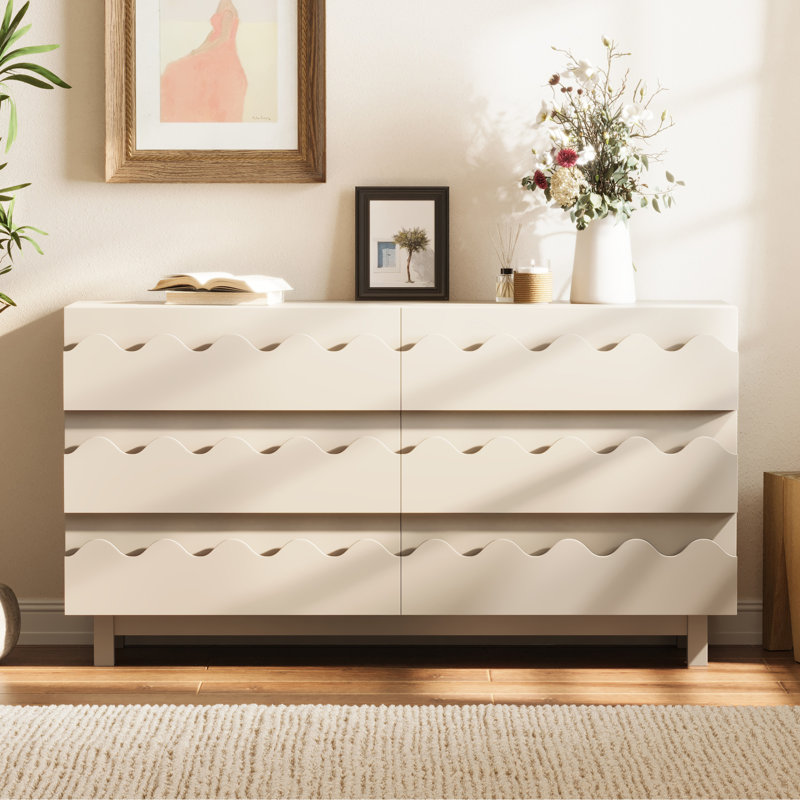 Commode et commode à 6 tiroirs Modern Ivory, rangement en bois spacieux pour la chambre à coucher