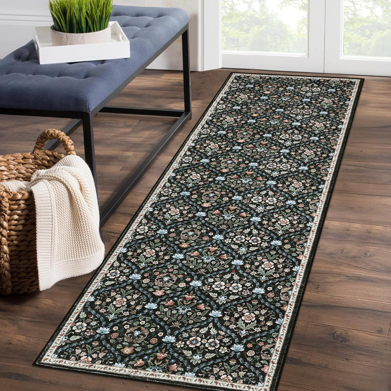 2x6 Washable Vintage Runner Rug, Non-Slip, Low Pile, Stain-Resistant, Boho Throw Carpet for Kitchen, Hallway, Living Room, Bedroom, Red/Brown.