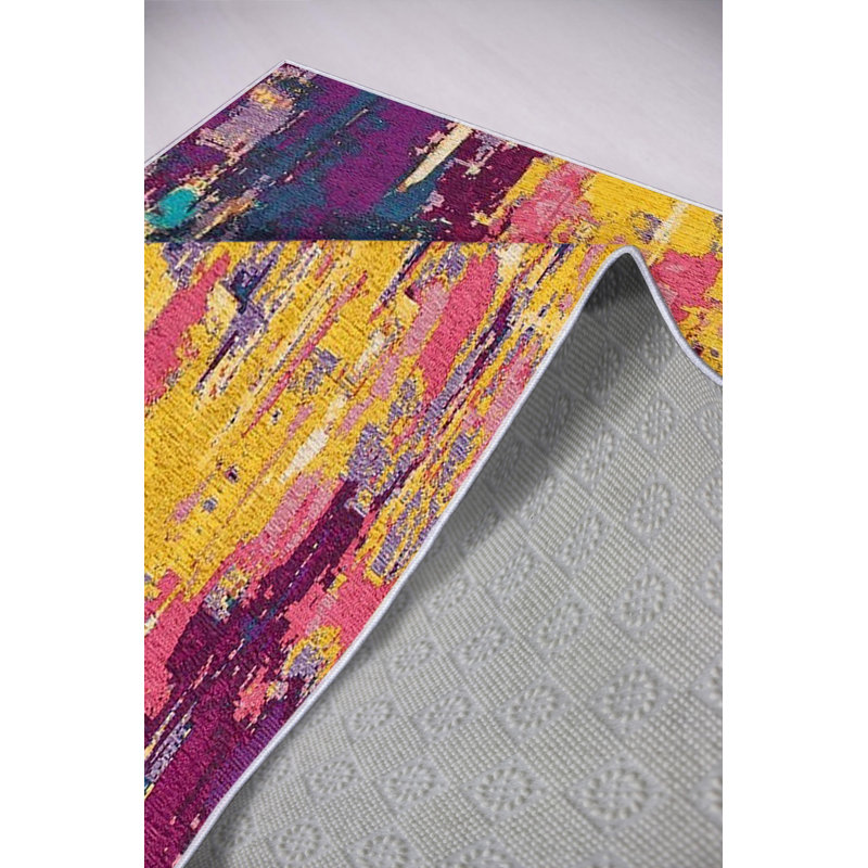 Rectangle Machine Braided Polyester Area Rug in Purple/Pink/Yellow, Rectangle 2' x 3'3"