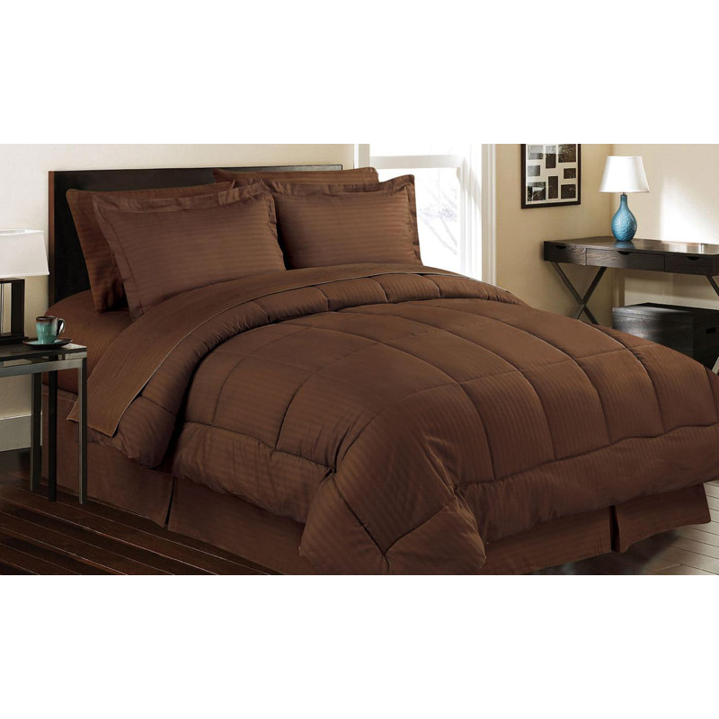 Hotel Ensemble Polyester Box Stitch Striped Comforter, Queen Comforter + 7 Additional Pieces, Chocolate