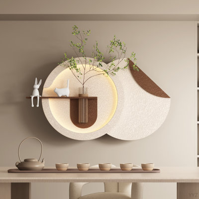 Adjustable 3-Color LED Sandstone Double-Disc Wall Art With Simulated Greenery, 3D Sculpture Featuring Glass Vase & Rabbit Statue, Remote-Controlled Light Strips For Living Room, Bedroom & Hallway