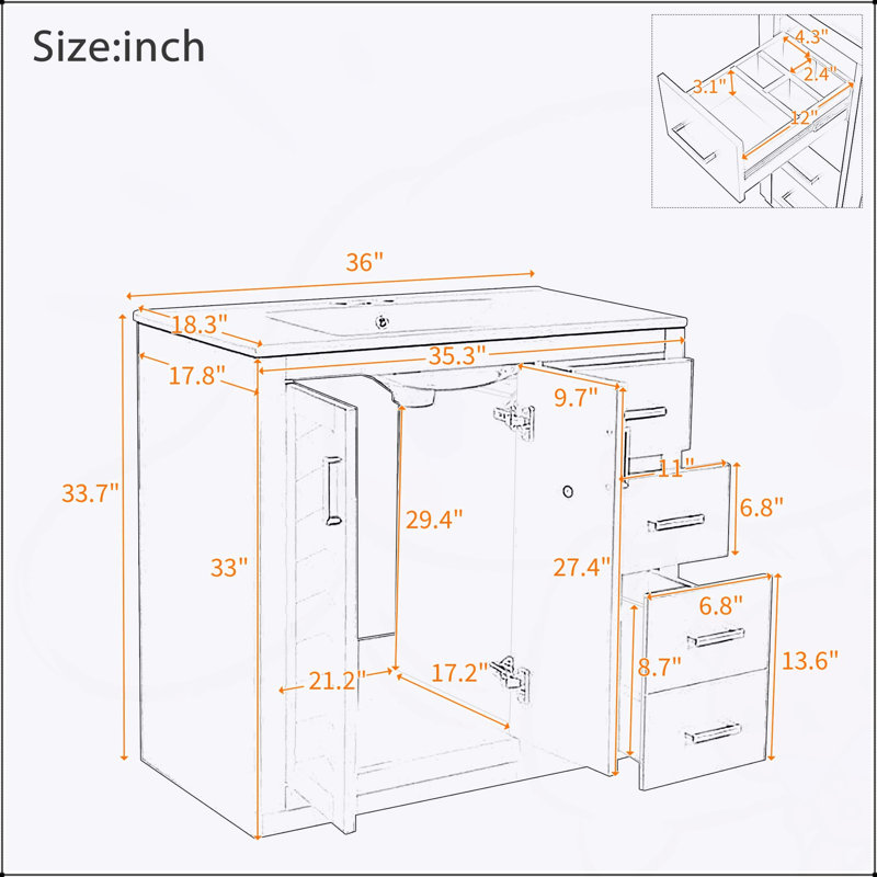 Ensemble de meuble-lavabo autoportant 36 po avec lavabo en céramique 36 po, structure en bois massif et grand rangement, Doré